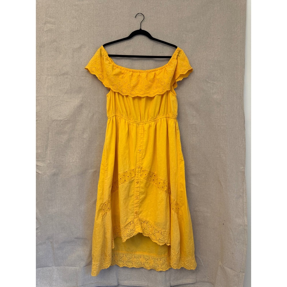 J GEE Womens Yellow Eyelet Off The Shoulder Ruffle Midi Dress XL Summer Boho
